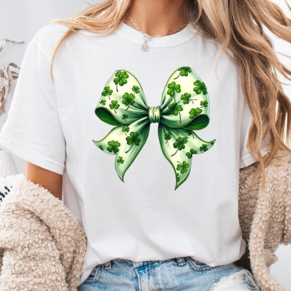 Tops - Shamrock Four Leaf Clover Bow Shirt, St Patricks Day Lucky Tee